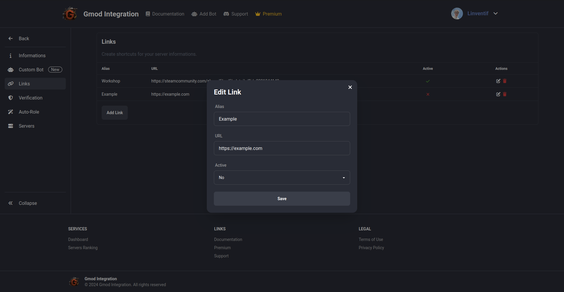 Links configuration form